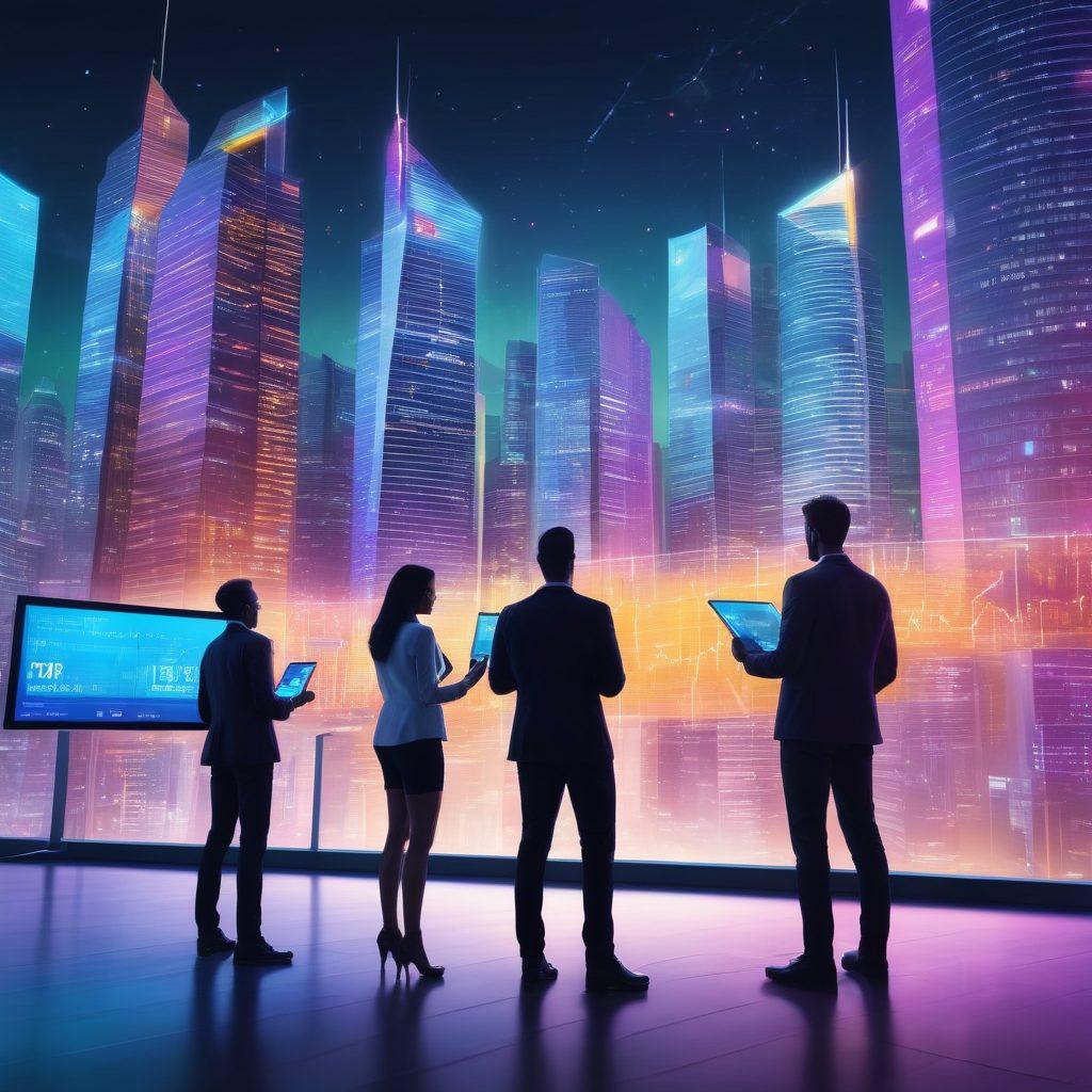 A futuristic city skyline representing financial prosperity, with a prominent digital bank building featuring glowing screens displaying financial graphs. In the foreground, diverse people celebrating their financial freedom, holding digital devices with loan approval notifications. Bright colors and dynamic energy symbolize transformation and growth. super-realistic. vibrant colors. 3D.