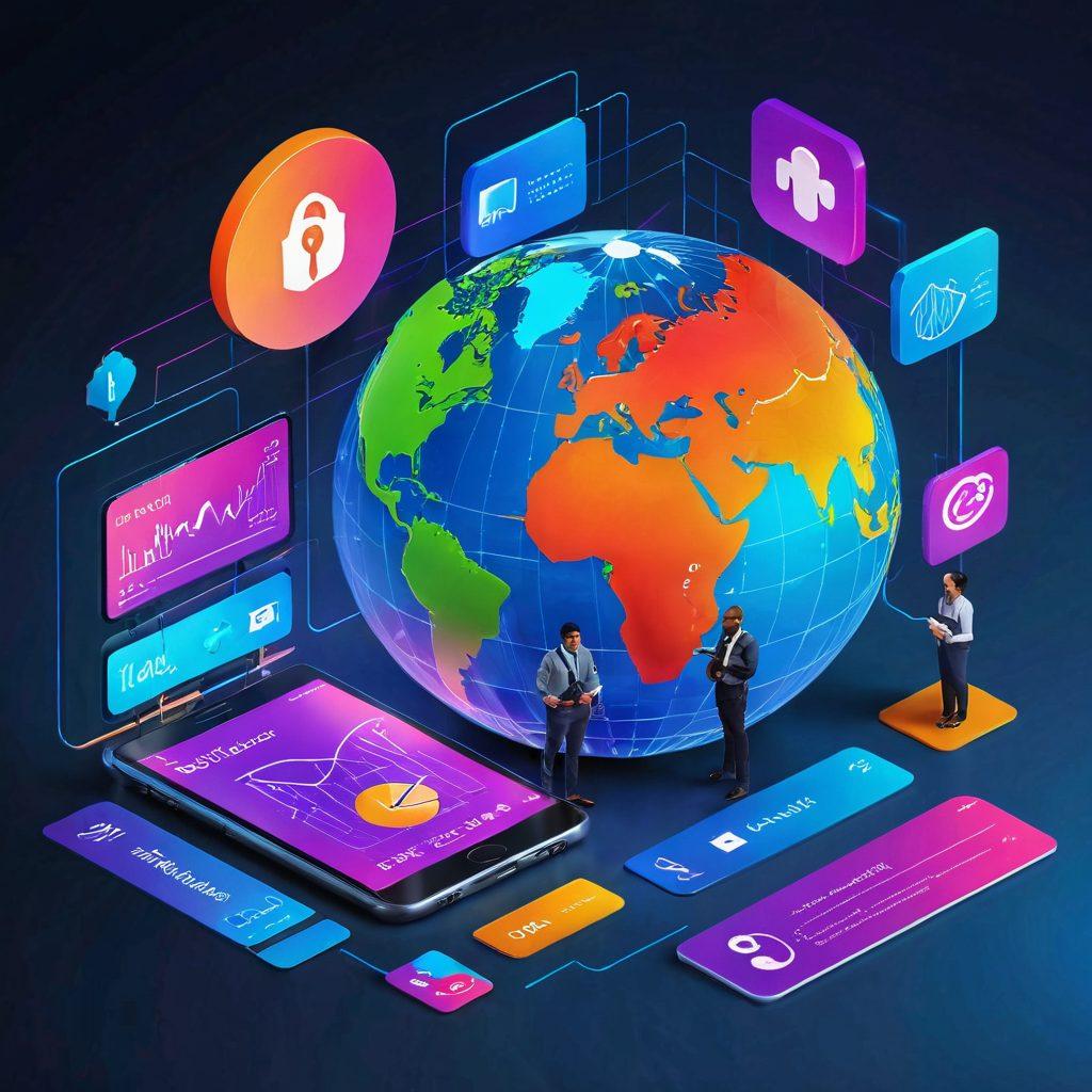 A futuristic digital bank interface with diverse people of different ethnicities accessing their financial accounts on sleek devices, showcasing vibrant graphs and charts with upward trends. Include elements like a globe to represent global transactions, and a digital padlock to symbolize security. Bright and engaging colors to evoke optimism and opportunity. super-realistic. vibrant colors. 3D.